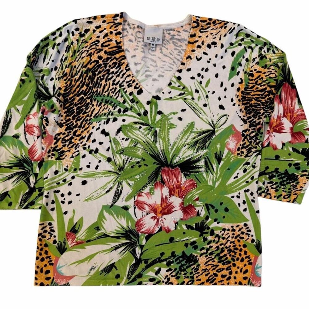 NVD leopard print and floral 3/4 sleeve top with pink flowers and green leaves
